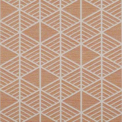 Woven textile with white lattice of diagonal-striped diamonds; lying flat and covering a surface, close-up, evenly lit, warm terracotta background.