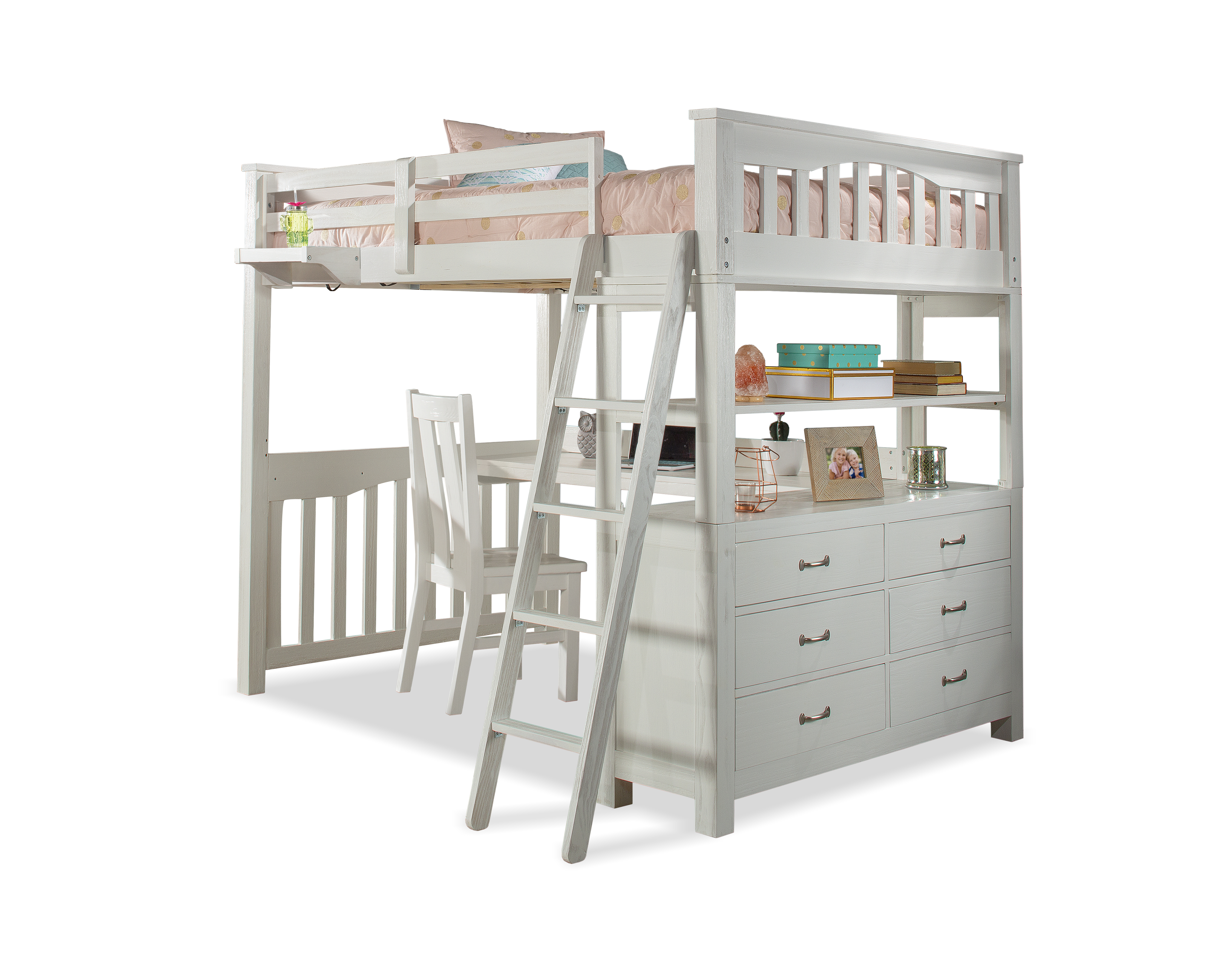 Highlands Wood Twin Loft Bed with Desk, Chair, and Hanging Nightstand