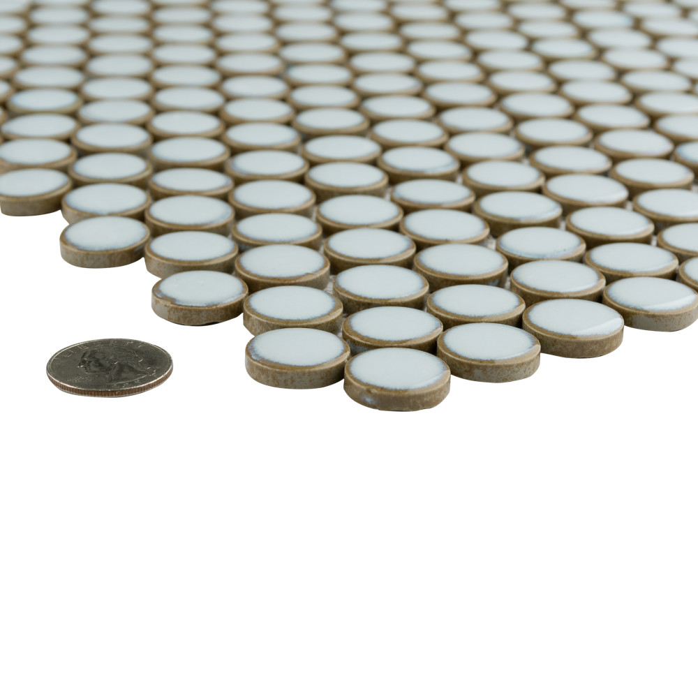 Sample – Hudson Penny Round Silk White Porcelain Mosaic Tile
