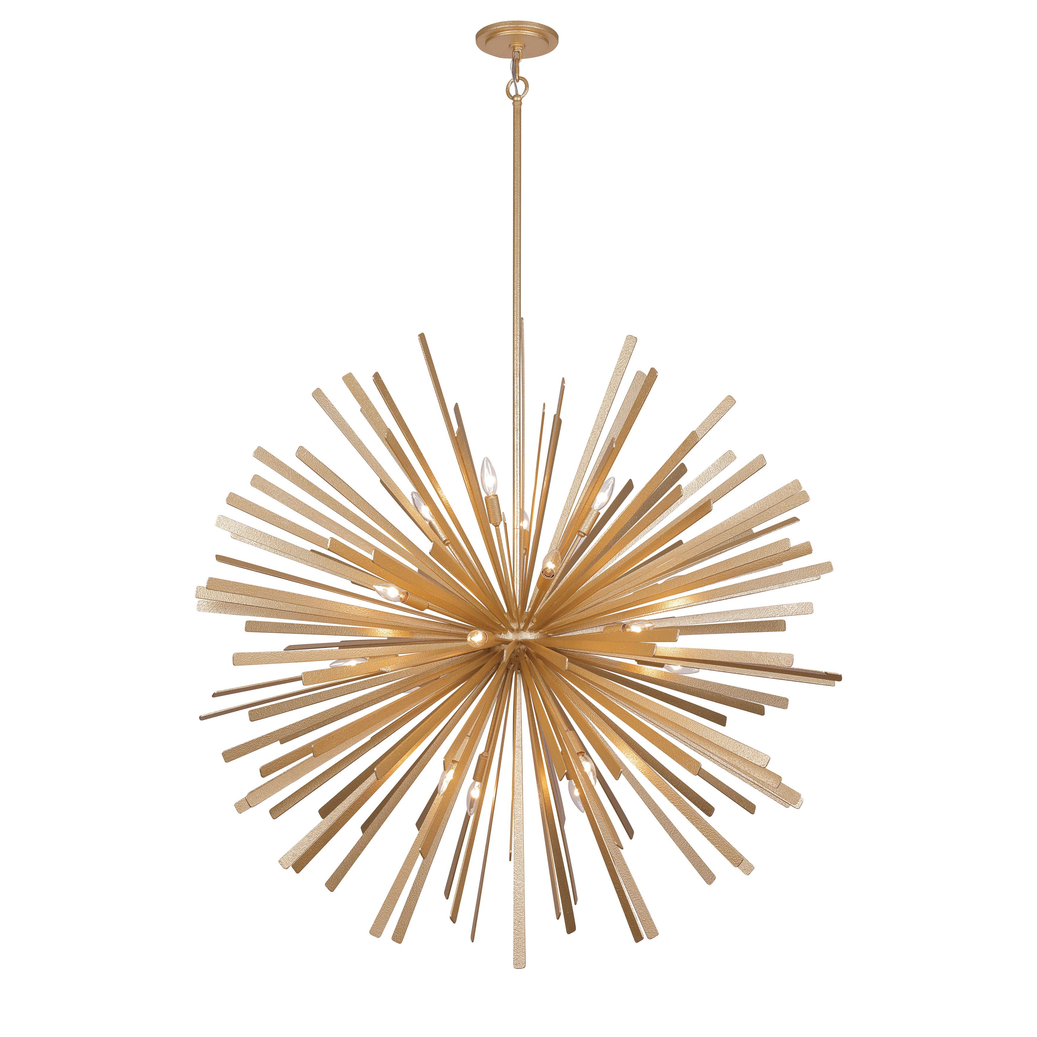 The Confluence pendant commands attention with 20 candelabra lights arranged in a dramatic 48-inch sphere. Hammered Piastra Gold finish adds artisanal texture while contemporary design ensures versatility in grand spaces. - alternate view