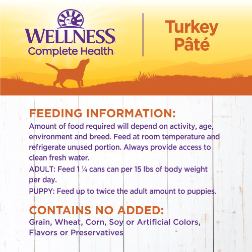 <p>Amount of food required will depend on activity, age, environment and breed. Feed at room temperature and refrigerate unused portion. Always provide access to clean, fresh water.  </p>
<p>Adult: Feed 1 can per 15 lbs of body weight per day<br />
Puppy: Feed up to twice the adult amount to puppies.<br />
Combination Feeding: If feeding with Wellness dry food, reduce dry amount fed by 1/2 cup for every 6 oz of wet food.</p>
