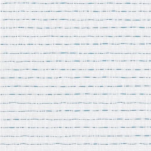 White woven textile with thin irregular teal and dark-gray dashed horizontal stripes; laid flat to reveal a subtle open weave; close-up sample under neutral, even lighting.