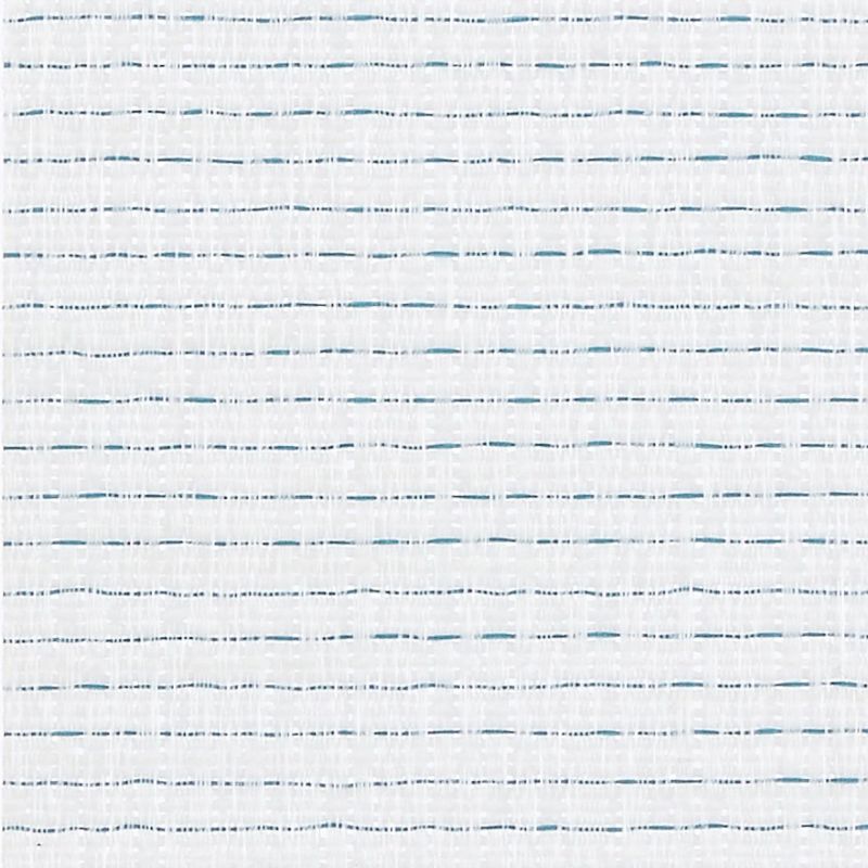 White woven textile with thin irregular teal and dark-gray dashed horizontal stripes; laid flat to reveal a subtle open weave; close-up sample under neutral, even lighting.