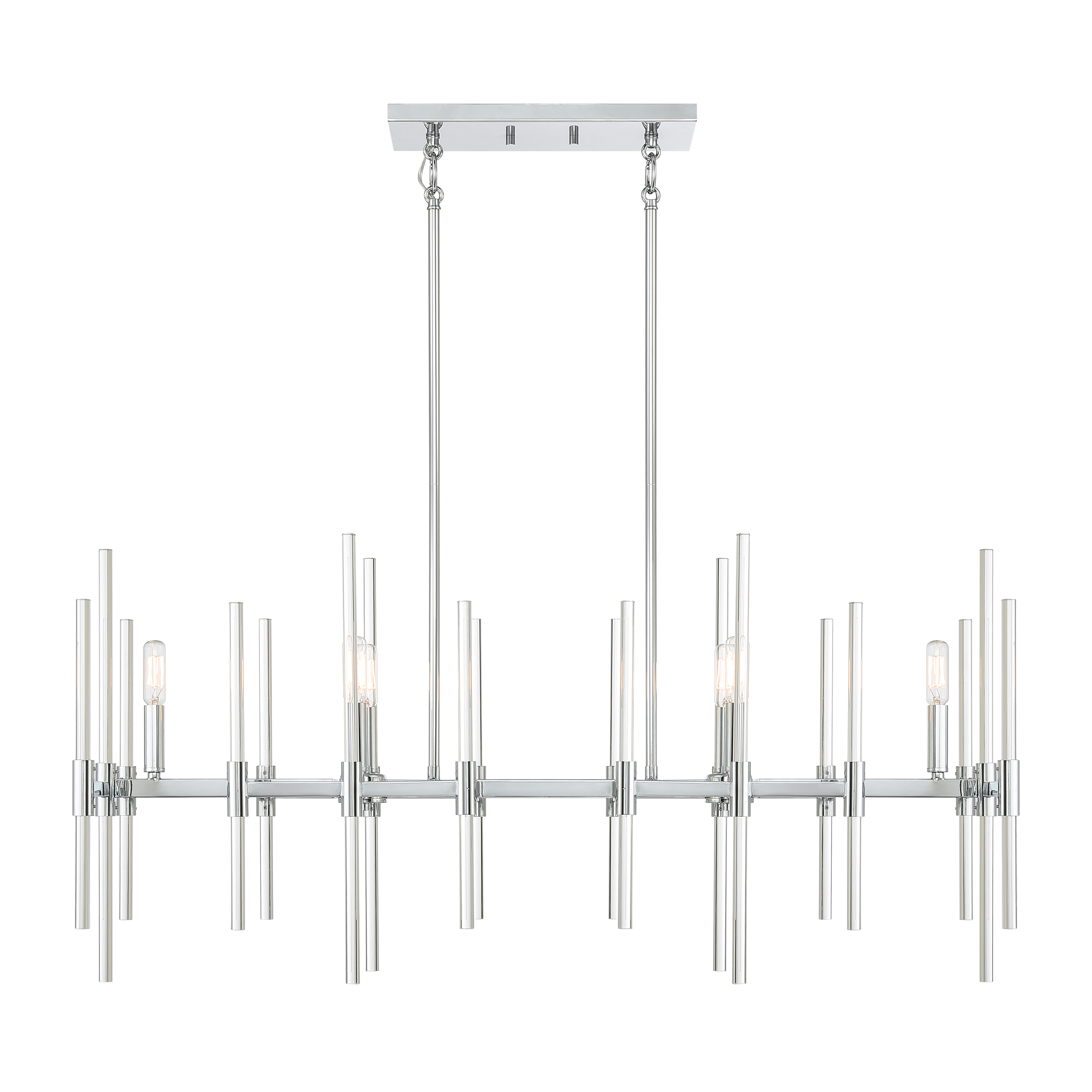 The Pillar 6-Light Island Chandelier combines transitional elegance with contemporary functionality. Its polished chrome finish and cylindrical glass shades create a sophisticated linear design perfect for kitchen islands and dining tables. - alternate view