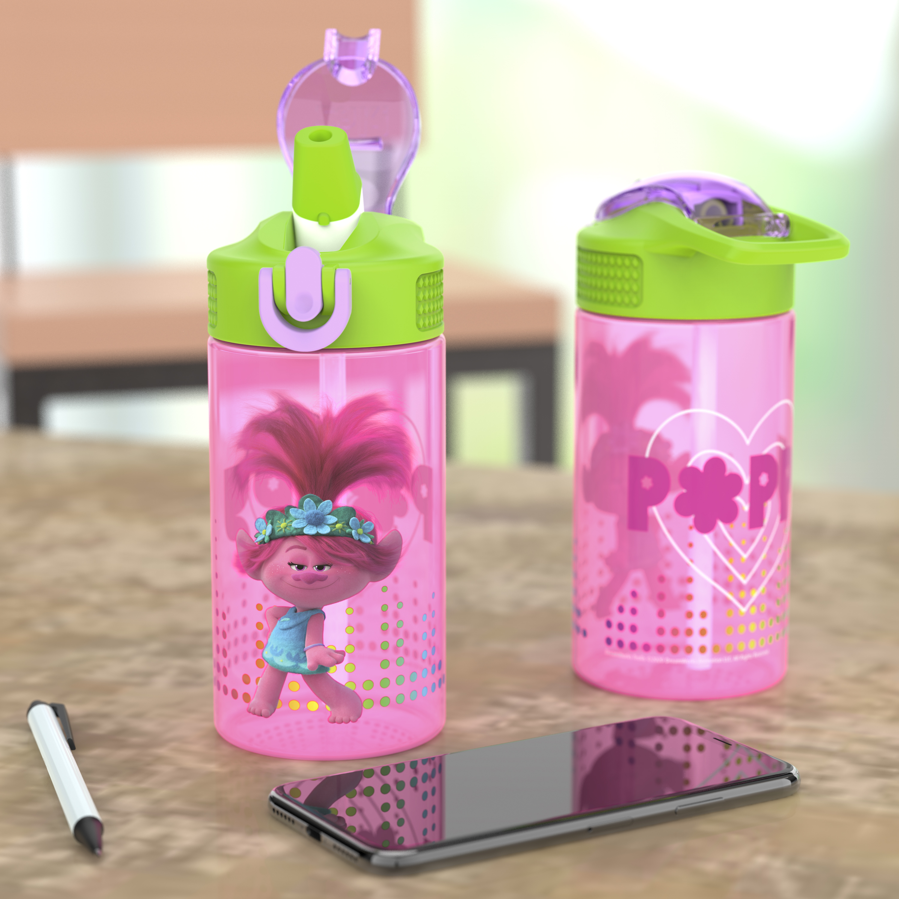 Trolls 2 Movie 16 ounce Reusable Plastic Water Bottle with Straw, Poppy, 2-piece set slideshow image 8