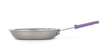 12-inch Tribute® 3-ply frying pan in natural finish with purple silicone handle