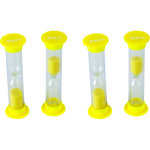 3 Minute Sand Timers - Small, Yellow, Pack of 4