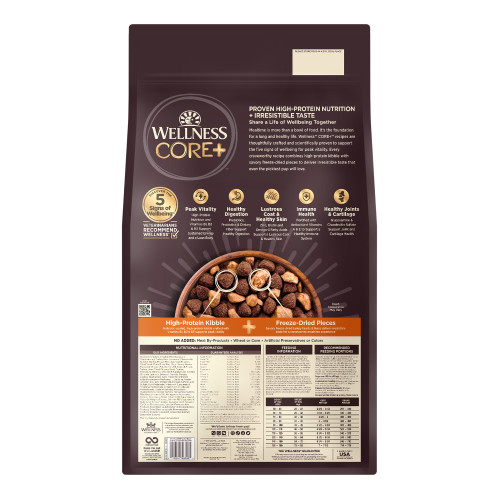 Wellness CORE+ Wholesome Grains Large Breed Deboned Chicken, Chicken Meal & Turkey Meal back packaging