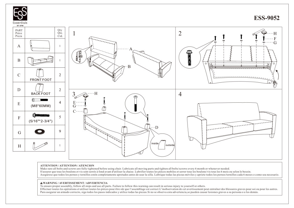 OFM Essentials Collection Traditional Reception Sofa, in Black (ESS9052BLK)
