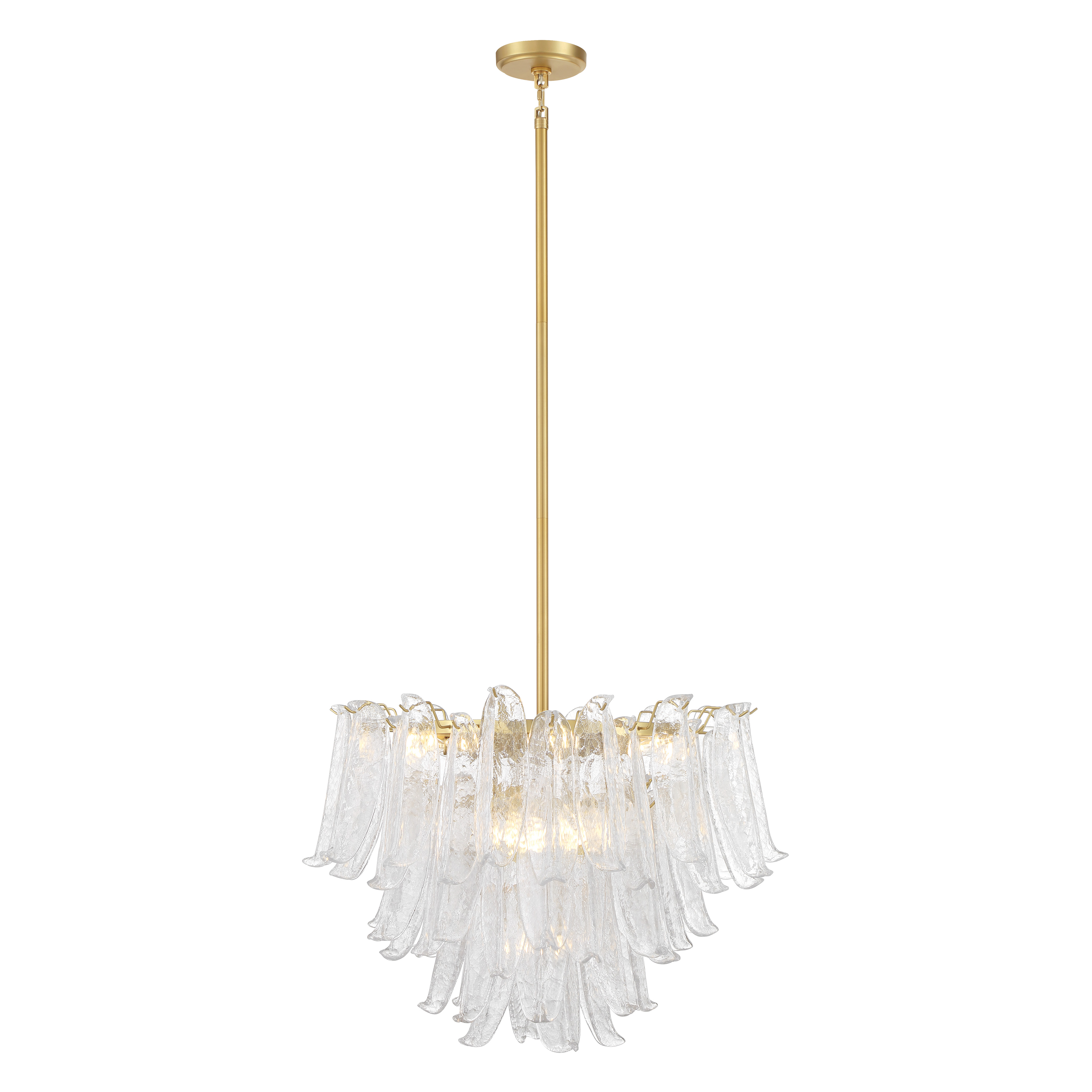 The Regent chandelier combines contemporary elegance with vintage charm through its 13 candelabra lights and distinctive crackled glass shades. The Legacy Brass finish adds warmth while the substantial 28-inch diameter creates dramatic impact in dining rooms and entryways. - alternate view