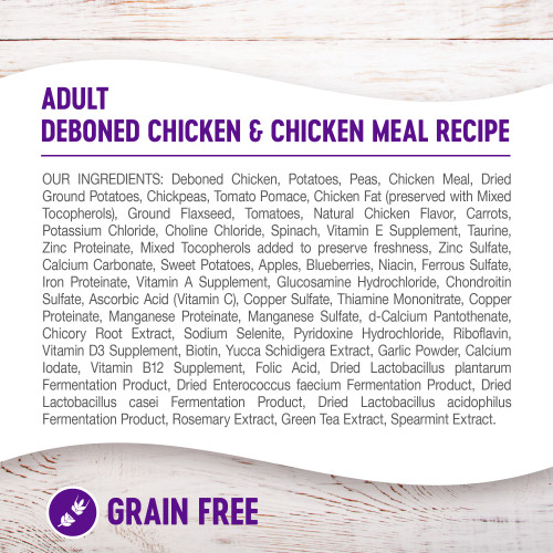 <p>Deboned Chicken, Potatoes, Peas, Chicken Meal, Dried Ground Potatoes, Chickpeas, Tomato Pomace, Chicken Fat (preserved with Mixed Tocopherols), Ground Flaxseed, Tomatoes, Natural Chicken Flavor, Carrots, Potassium Chloride, Choline Chloride, Spinach, Vitamin E Supplement, Taurine, Zinc Proteinate, Mixed Tocopherols added to preserve freshness, Zinc Sulfate, Calcium Carbonate, Sweet Potatoes, Apples, Blueberries, Niacin, Ferrous Sulfate, Iron Proteinate, Vitamin A Supplement, Glucosamine Hydrochloride, Chondroitin Sulfate, Ascorbic Acid (Vitamin C), Copper Sulfate, Thiamine Mononitrate, Copper Proteinate, Manganese Proteinate, Manganese Sulfate, d-Calcium Pantothenate, Chicory Root Extract, Sodium Selenite, Pyridoxine Hydrochloride, Riboflavin, Vitamin D3 Supplement, Biotin, Yucca Schidigera Extract, Garlic Powder, Calcium Iodate, Vitamin B12 Supplement, Folic Acid, Dried Lactobacillus plantarum Fermentation Product, Dried Enterococcus faecium Fermentation Product, Dried Lactobacillus casei Fermentation Product, Dried Lactobacillus acidophilus Fermentation Product, Rosemary Extract, Green Tea Extract, Spearmint Extract.<br />
This is a naturally preserved product.</p>

