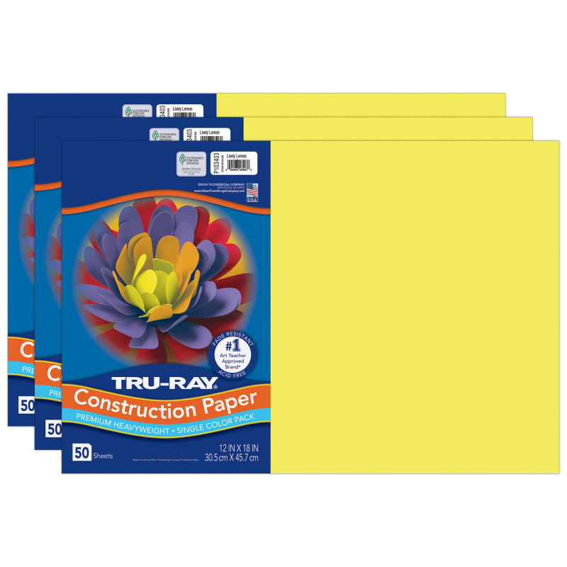 Construction Paper, Heavyweight, Lively Lemon, 12" x 18", 50 Sheets Per Pack, 3 Packs