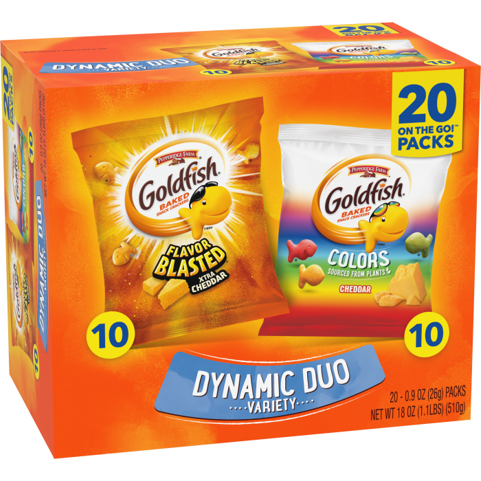 Goldfish® Colors Cheddar and Flavor Blasted Xtra Cheddar Crackers, 20 count box, 18 oz, bag - Left Angle Image