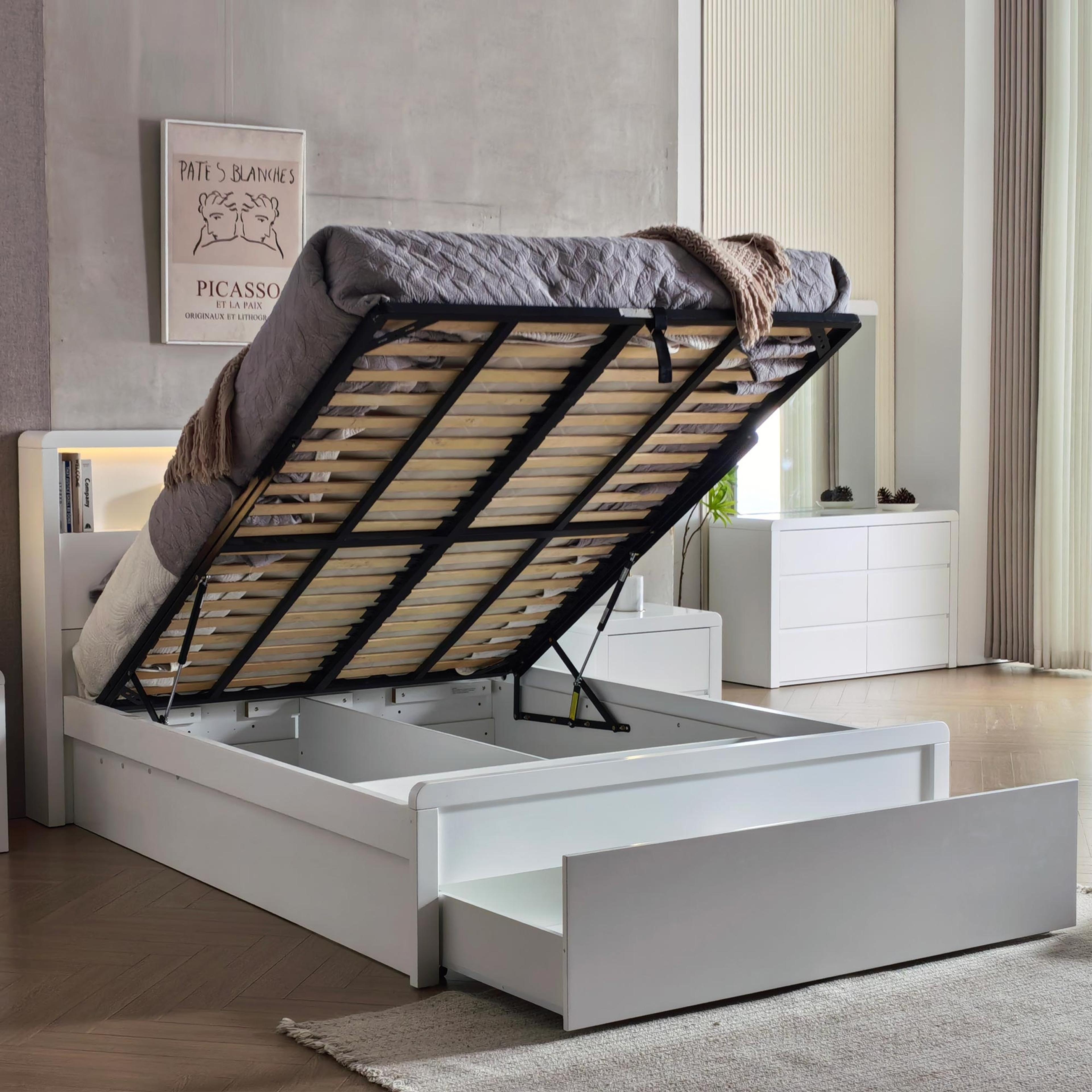 Lifestyle image of the  Aria Bed Frame, Front Slat Gas Lift & End Drawer Base, Ivory White from Forty Winks