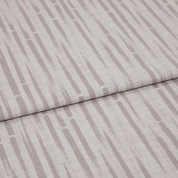 Patterned upholstery fabric (folded), pale mauve vertical dash stripes and textured weave; overlapping folded edge across the frame; close-up on a flat surface under soft, neutral lighting.