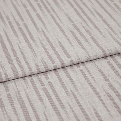 Patterned upholstery fabric (folded), pale mauve vertical dash stripes and textured weave; overlapping folded edge across the frame; close-up on a flat surface under soft, neutral lighting.
