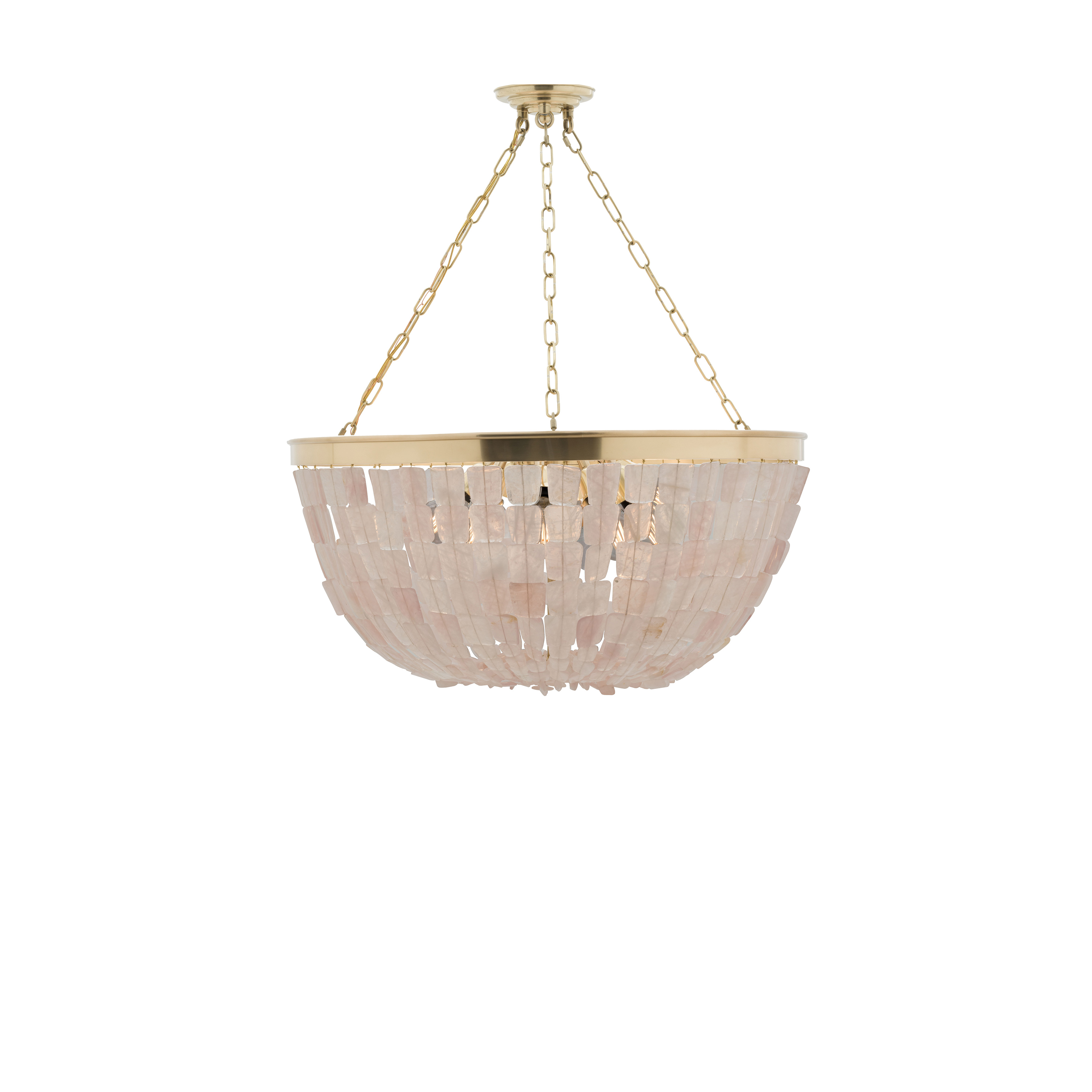 The Flotsam 8-Light Pendant combines warm brass with organic pink quartz gemstones for a luxurious, nature-inspired statement. Its substantial 33.5-inch width and artisanal design make it perfect for grand dining rooms and upscale commercial spaces. - alternate view