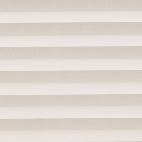 Horizontal cellular blinds with alternating beige and off-white pleats, closed and filtering soft daylight; they cover a window within a neutral interior, producing even, diffuse light and no view.