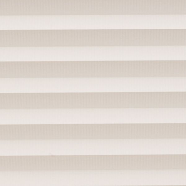 Horizontal cellular blinds with alternating beige and off-white pleats, closed and filtering soft daylight; they cover a window within a neutral interior, producing even, diffuse light and no view.