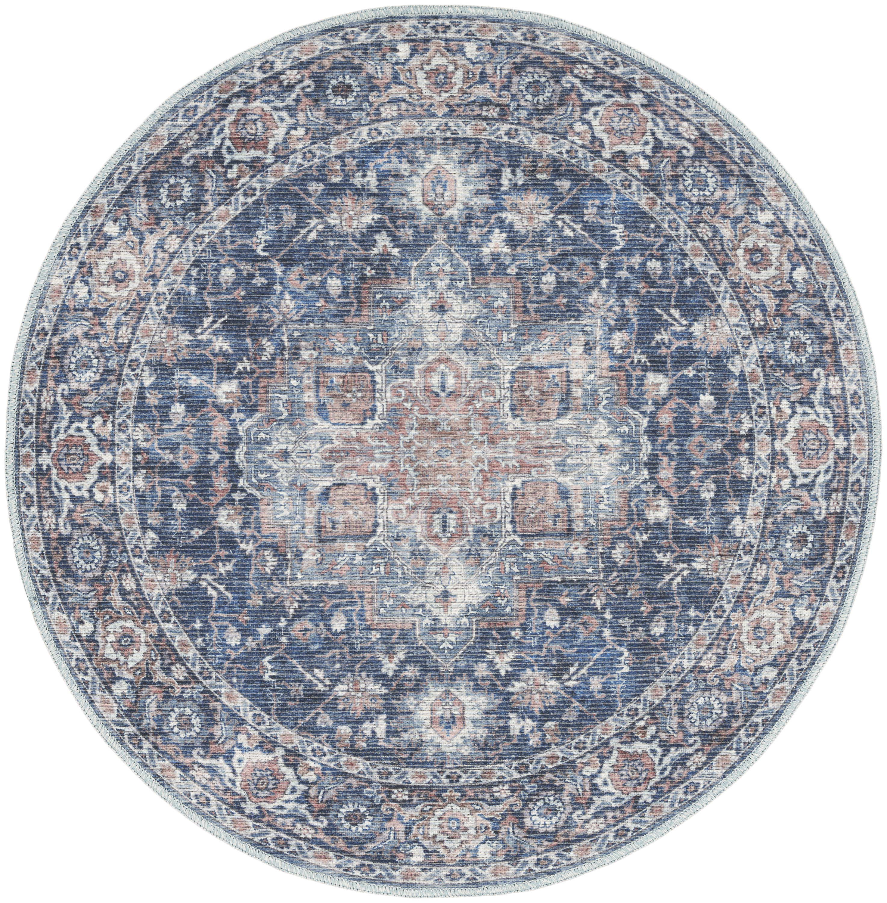 Nourison New Concept Washables 5'3" x Round Ivory Navy Vintage Indoor Rug