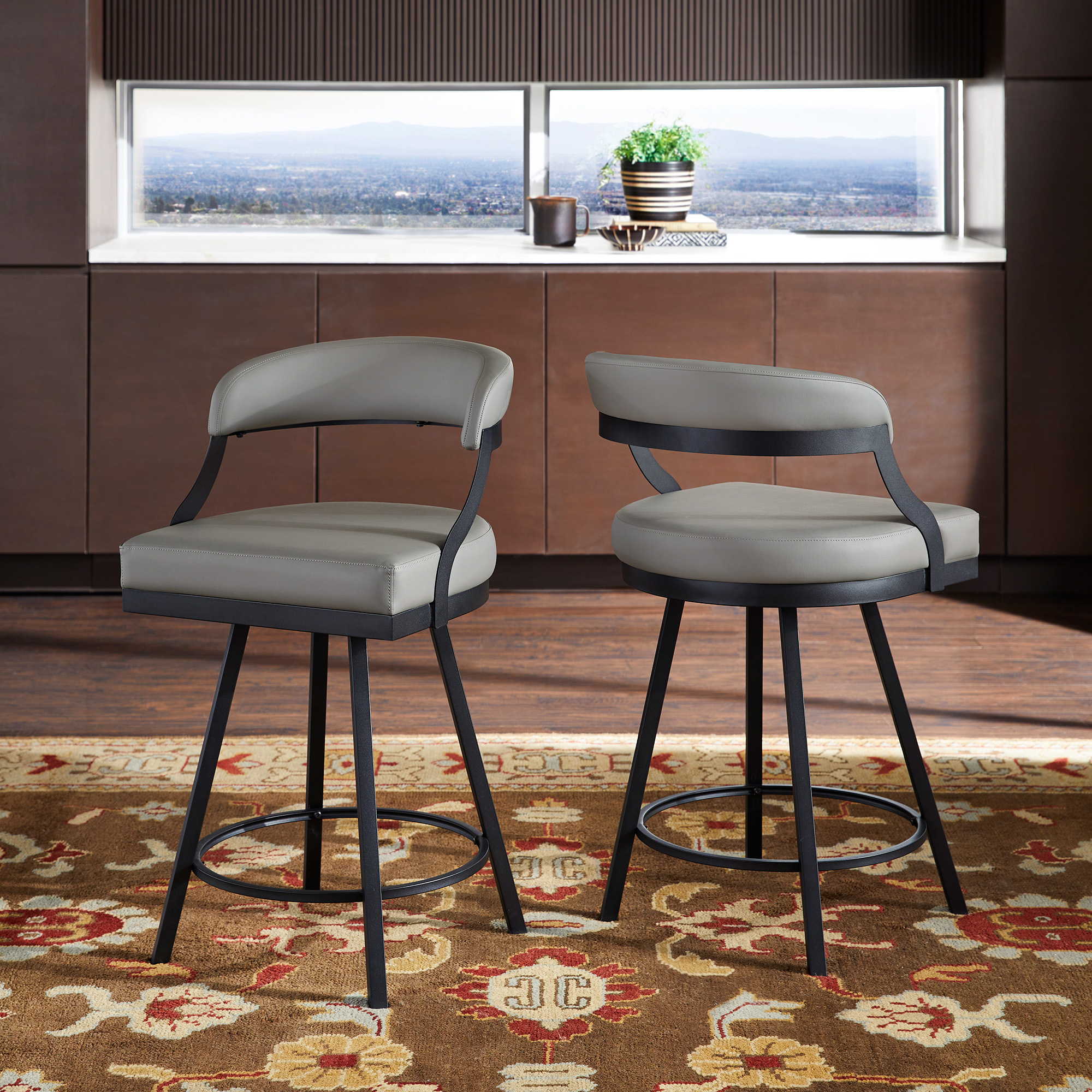 Black Finish Metal Vegan Leather Swivel Chair (Set of 2)