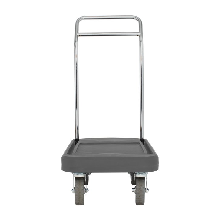 Flatbed utility dolly in dark gray with 6” pneumatic wheels, straps and chrome-plated handle