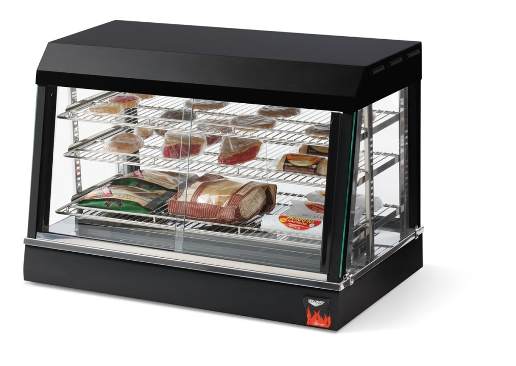 26-inch-wide 120-volt Cayenne® angled-front heated display case with front and rear access in black