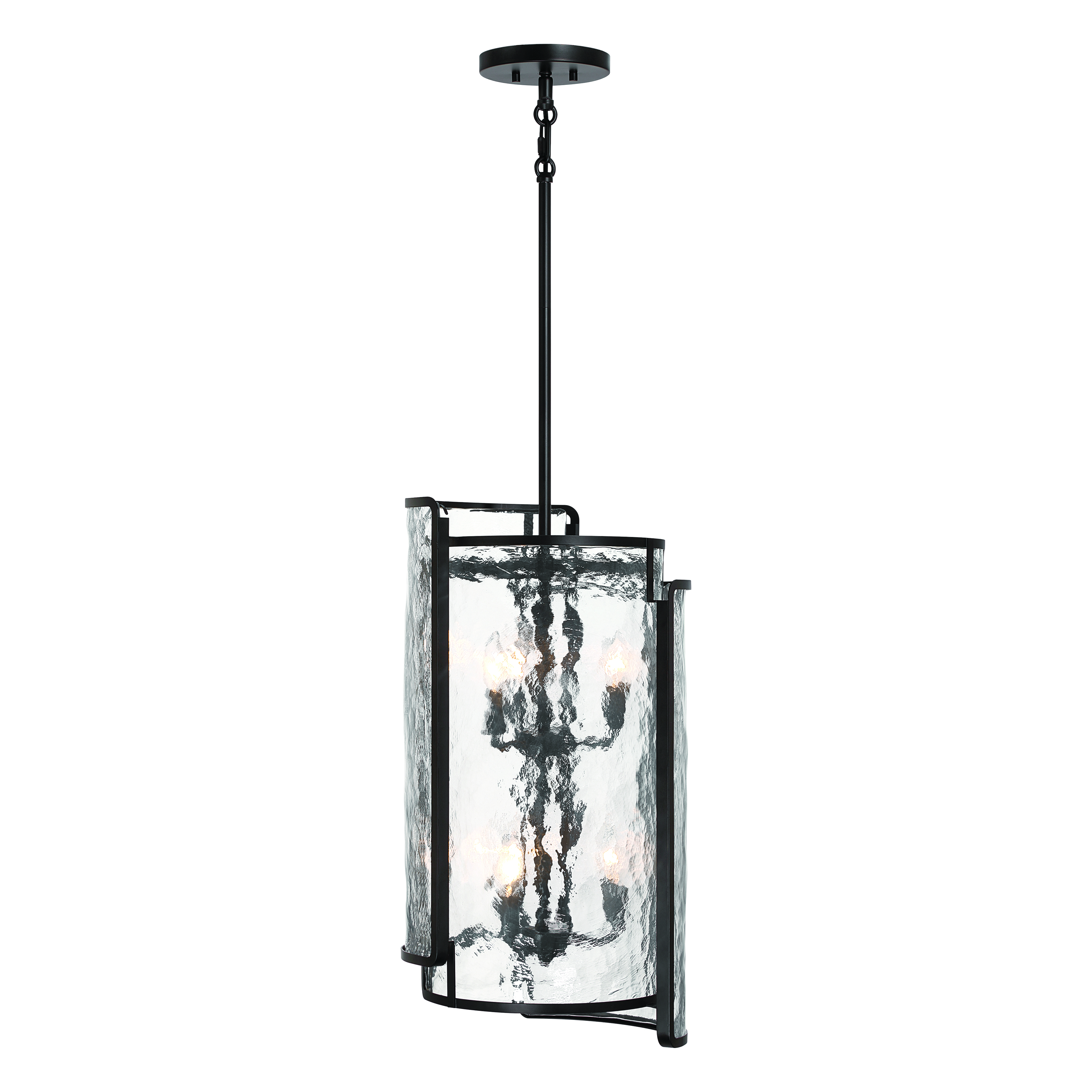 The Bella Collina 6-light pendant combines sleek coal black steel with textured rock-pressed glass for a sophisticated modern look. Its compact 14-inch width makes it ideal for smaller dining areas and kitchen islands. - alternate view