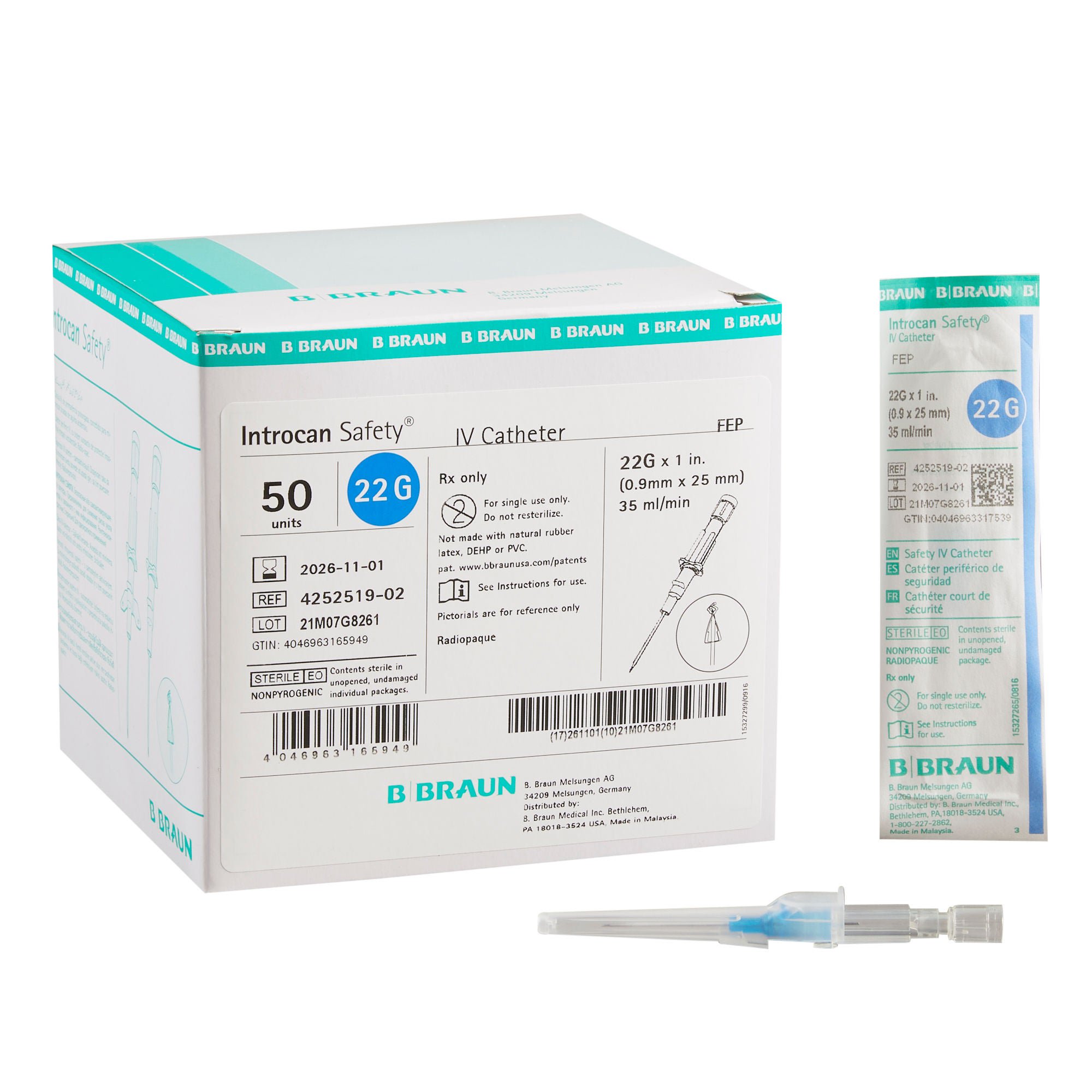 Introcan Safety® Peripheral IV Catheter, 22 Gauge, Straight