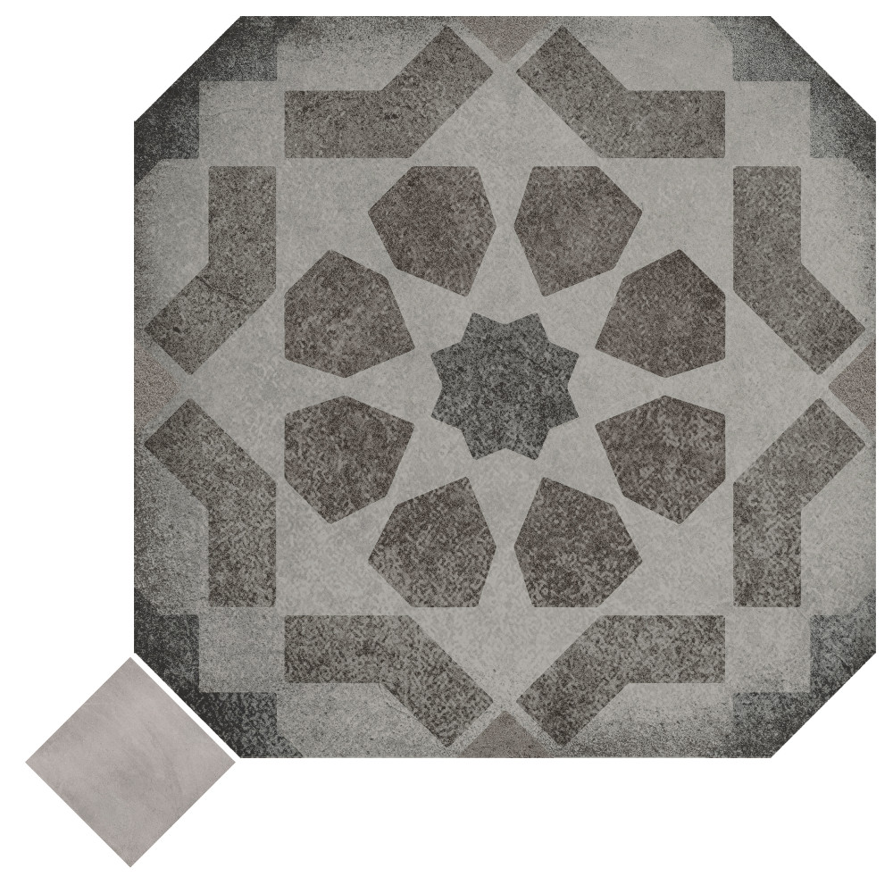 Laverton Octagon Deco Sombra with Taco Gris 7-7/8 in. x 7-7/8 in. Porcelain Floor and Wall Tile