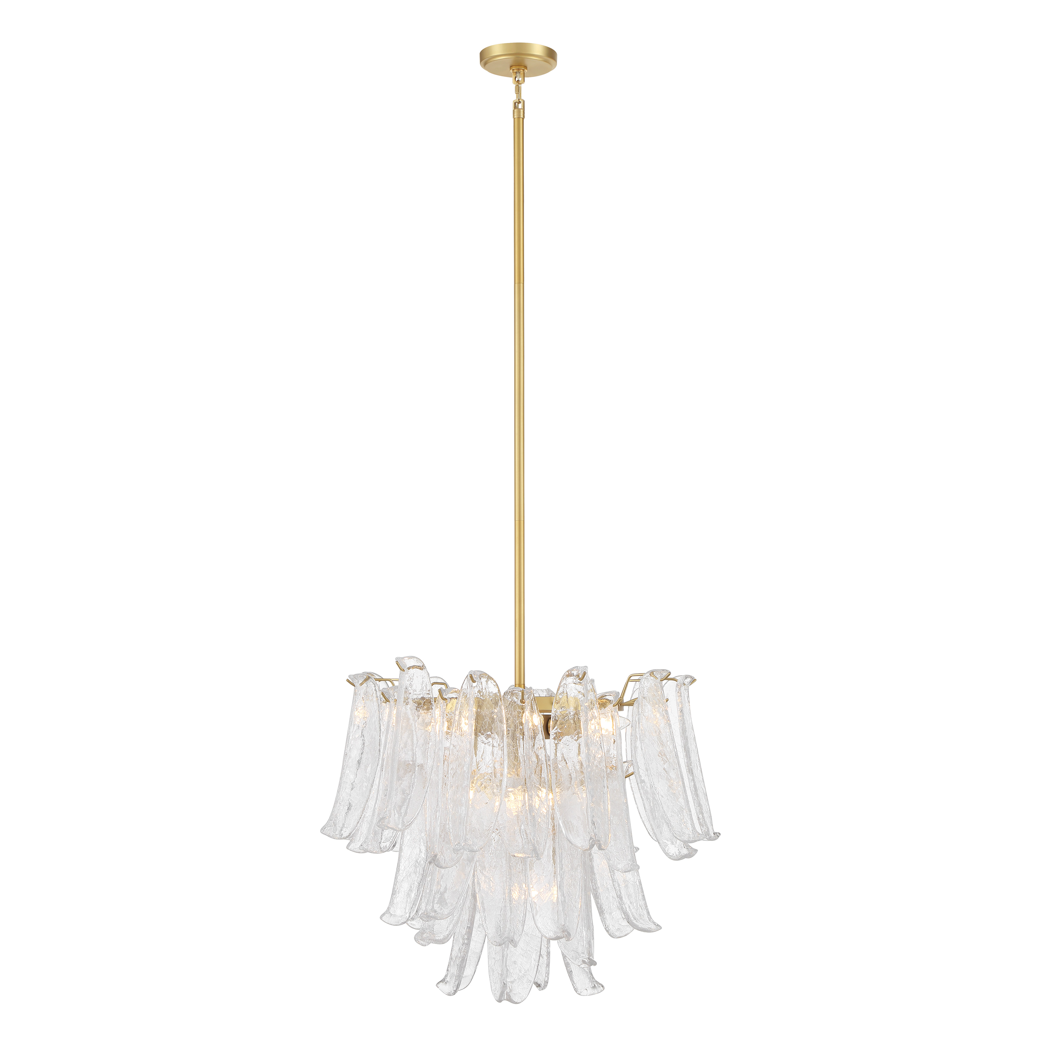 The Regent chandelier combines classic elegance with contemporary flair through its Legacy Brass finish and distinctive crackled glass shades. With 9 lights providing ample illumination, this 23-inch fixture creates a sophisticated focal point. - alternate view