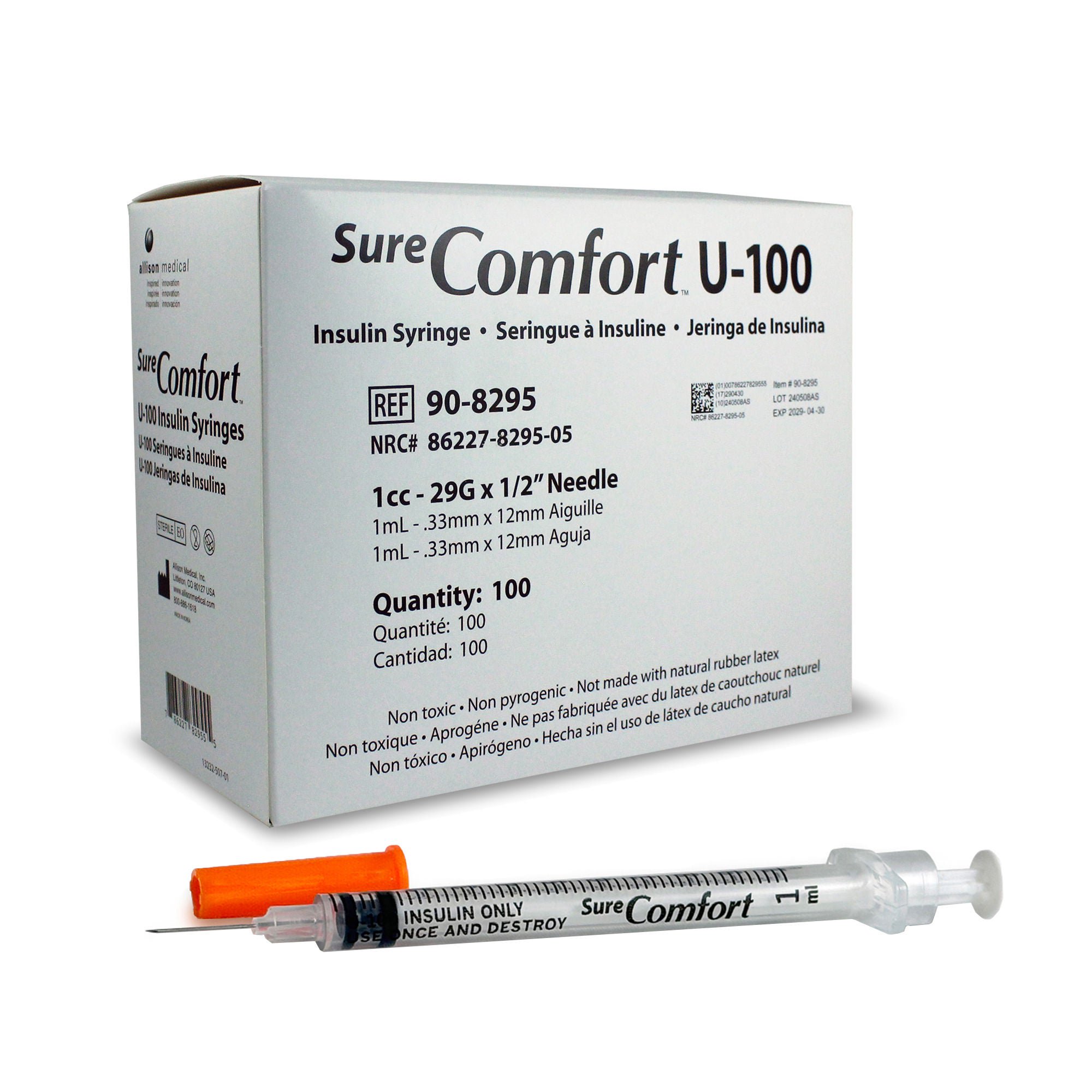 Allison Medical Inc SYRINGE, INSULIN HYPODRM SURE CMFRT 1ML 29GX1/2" (5BX/CS)