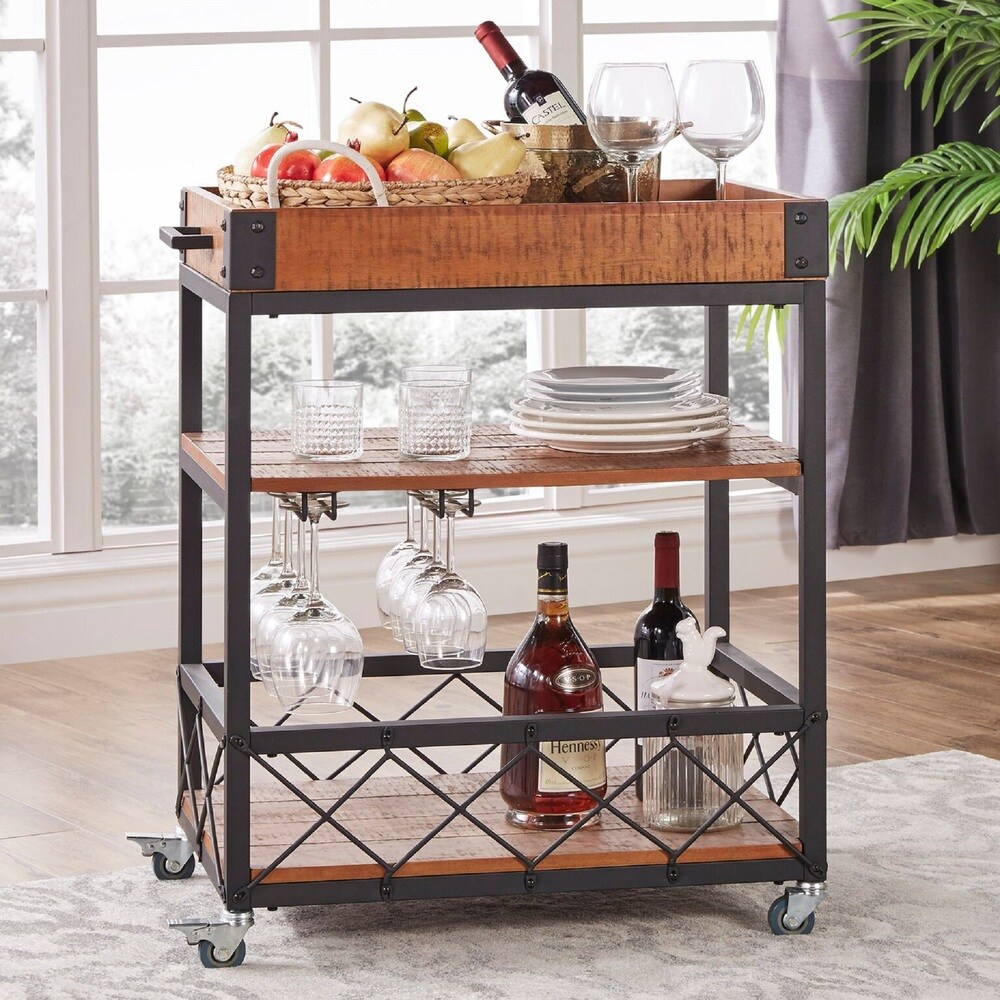 Rustic Serving Cart with Wine Inserts and Removable Tray Top