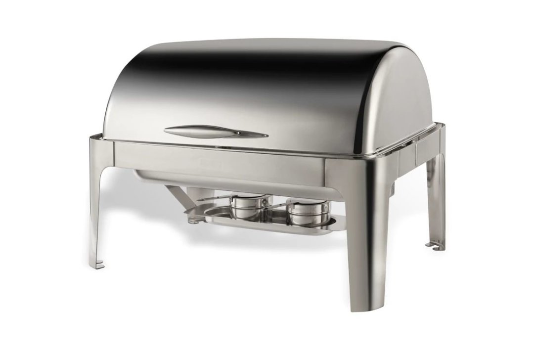 Chafing dish rectagular en acero inoxidable con tapa roll top y stand.
