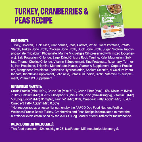 <p>Turkey, Chicken, Duck, Rice, Cranberries, Peas, Carrots, White Sweet Potatoes, Potato Starch, Turkey Bone Broth, Chicken Bone Broth, Duck Bone Broth, Sugar, Sodium Tripolyphosphate, Tricalcium Phosphate, Marine Microalgae Oil (preserved with mixed tocopherols), Salt, Potassium Chloride, Sage, Dried Chicory Root, Taurine, Kale, Magnesium Sulfate, Thyme, Choline Chloride, Vitamin E Supplement, Zinc Proteinate, Rosemary, Turmeric, Iron Proteinate, Thiamine Mononitrate, Niacin, Vitamin A Supplement, Copper Proteinate, Manganese Proteinate, Pyridoxine Hydrochloride, Sodium Selenite, d-Calcium Pantothenate, Riboflavin Supplement, Folic Acid, Potassium Iodide, Biotin, Vitamin B12 Supplement, Vitamin D3 Supplement.									</p>
