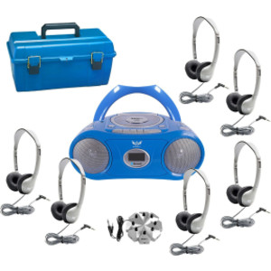6-Station Listening Center with AudioAce&trade; Bluetooth&reg; Boombox, 6 SchoolMate Personal-Sized Headphones, Jackbox & Carry Case