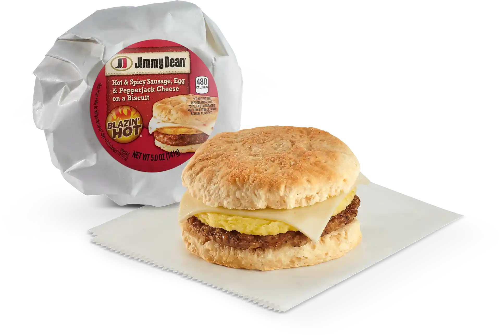 Jimmy Dean® Butcher Wrapped Blazin' Hot® Hot & Spicy Sausage, Egg & Pepper Jack Cheese Biscuit https://images.salsify.com/image/upload/s--1rLI04Hj--/q_25/79705c552b416cdbdb11cfe19d2e39234bd07e2c.webp