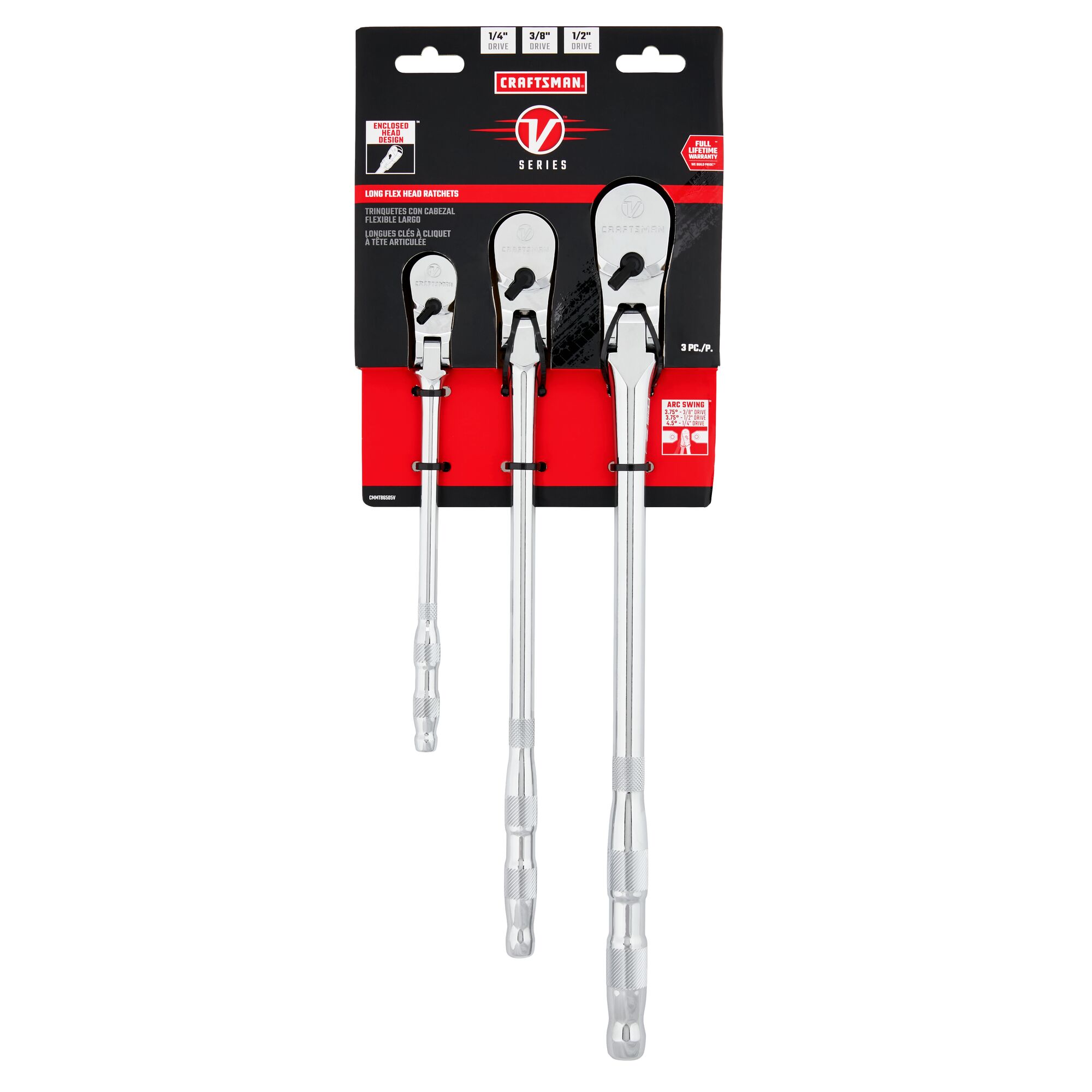 V series quarter inch three eighth inch and half inch drive long flex head ratchet in packaging. 3 pack