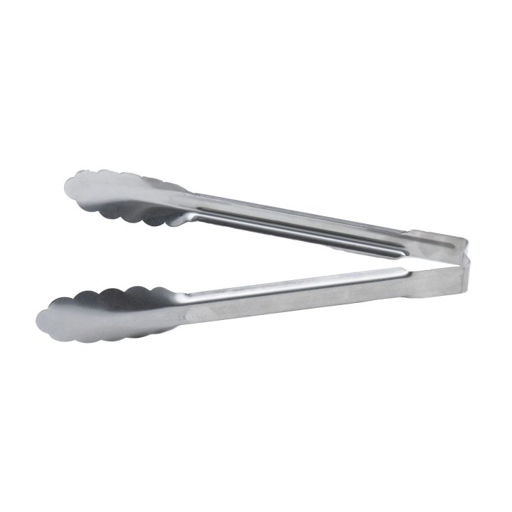 9 ½-inch heavy-duty stainless steel one-piece scalloped tongs