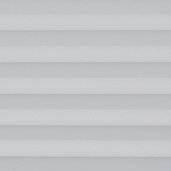 White horizontal pleated cellular blinds, fully lowered and closed, softly diffusing neutral daylight; close-up view filling a room-length window with even, muted interior lighting and no other visible objects.