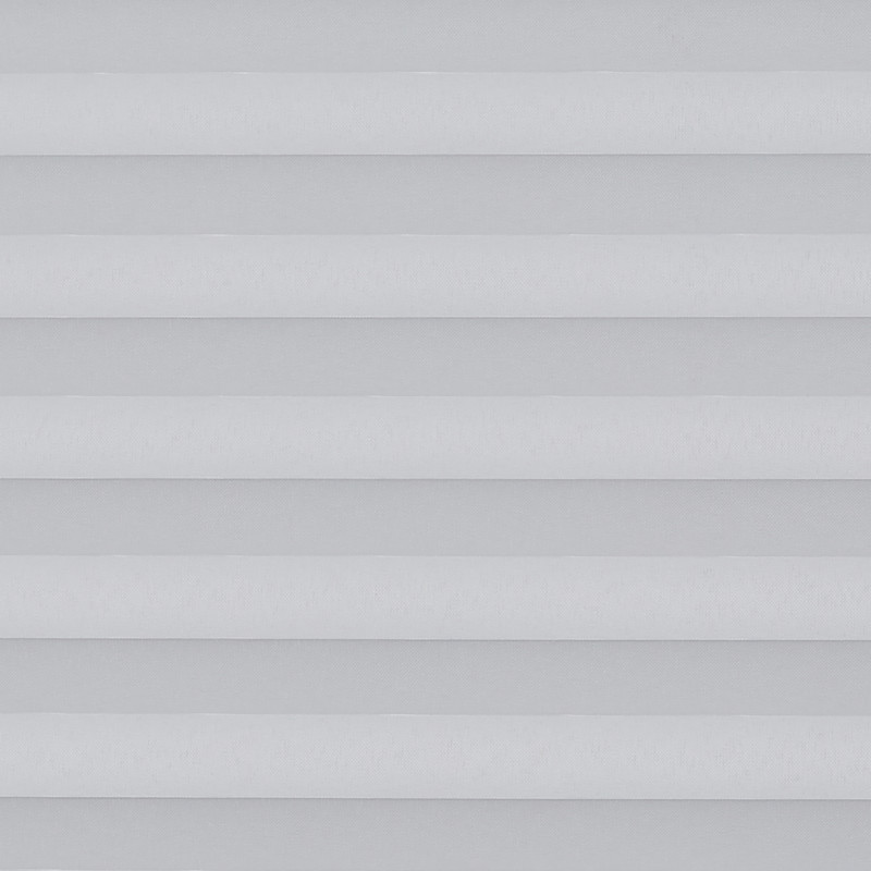 White horizontal pleated cellular blinds, fully lowered and closed, softly diffusing neutral daylight; close-up view filling a room-length window with even, muted interior lighting and no other visible objects.