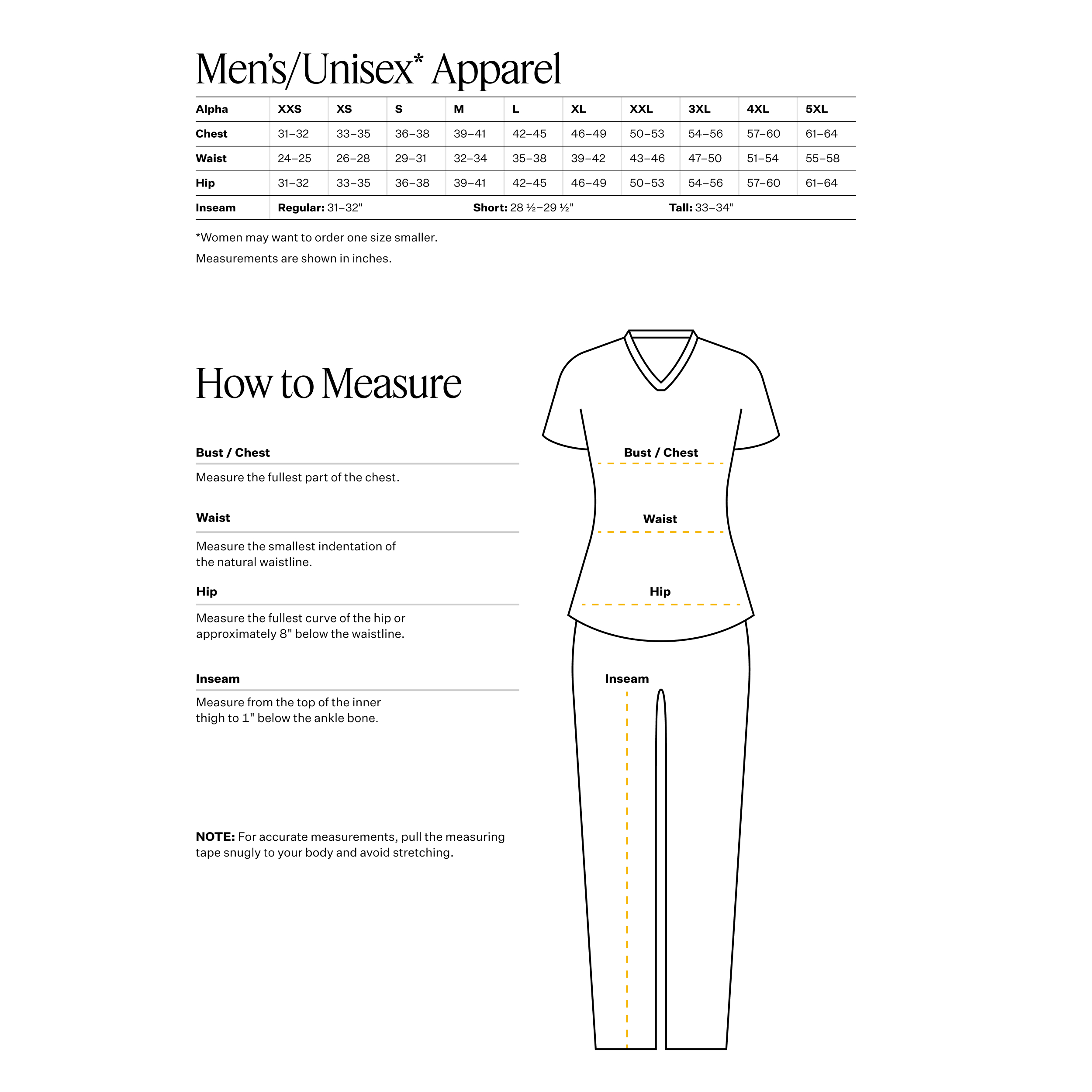 Size chart for Men's 5 Pocket Essentials Scrub Top