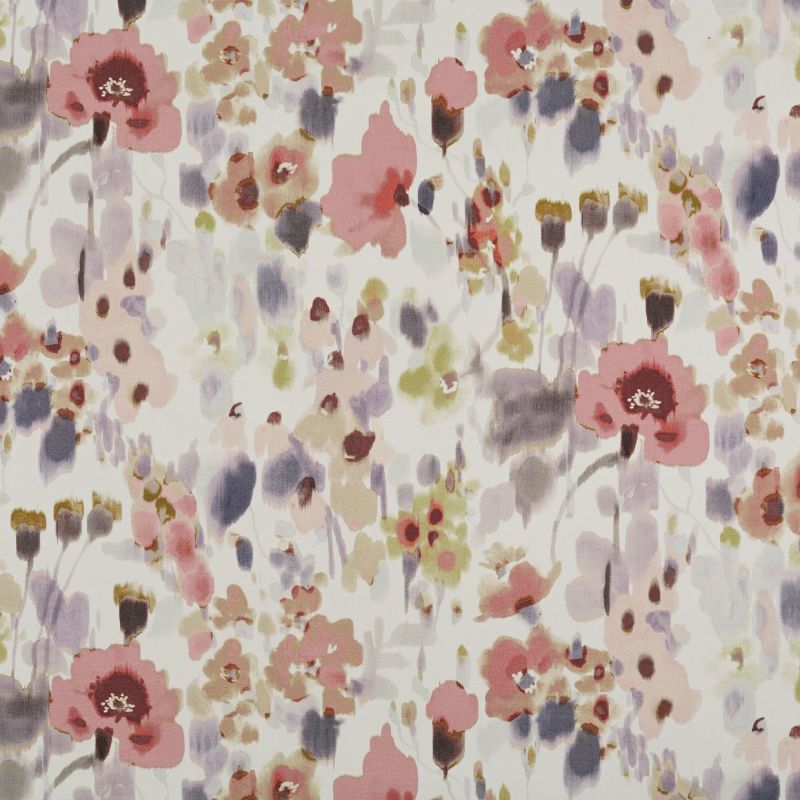 Watercolor-style floral fabric swatch, soft pink, mauve, olive and gray blooms printed across a white ground; lying flat and evenly lit, abstract botanical pattern suited for upholstery or curtains.