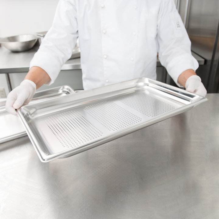 Full-size 1 ½-inch-deep Super Pan 3® perforated stainless steel steam table pan