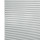 Light-gray pleated cellular blind with horizontal honeycomb folds, fully lowered and closed, filtering diffuse light in a neutral, softly lit interior; close-up view.