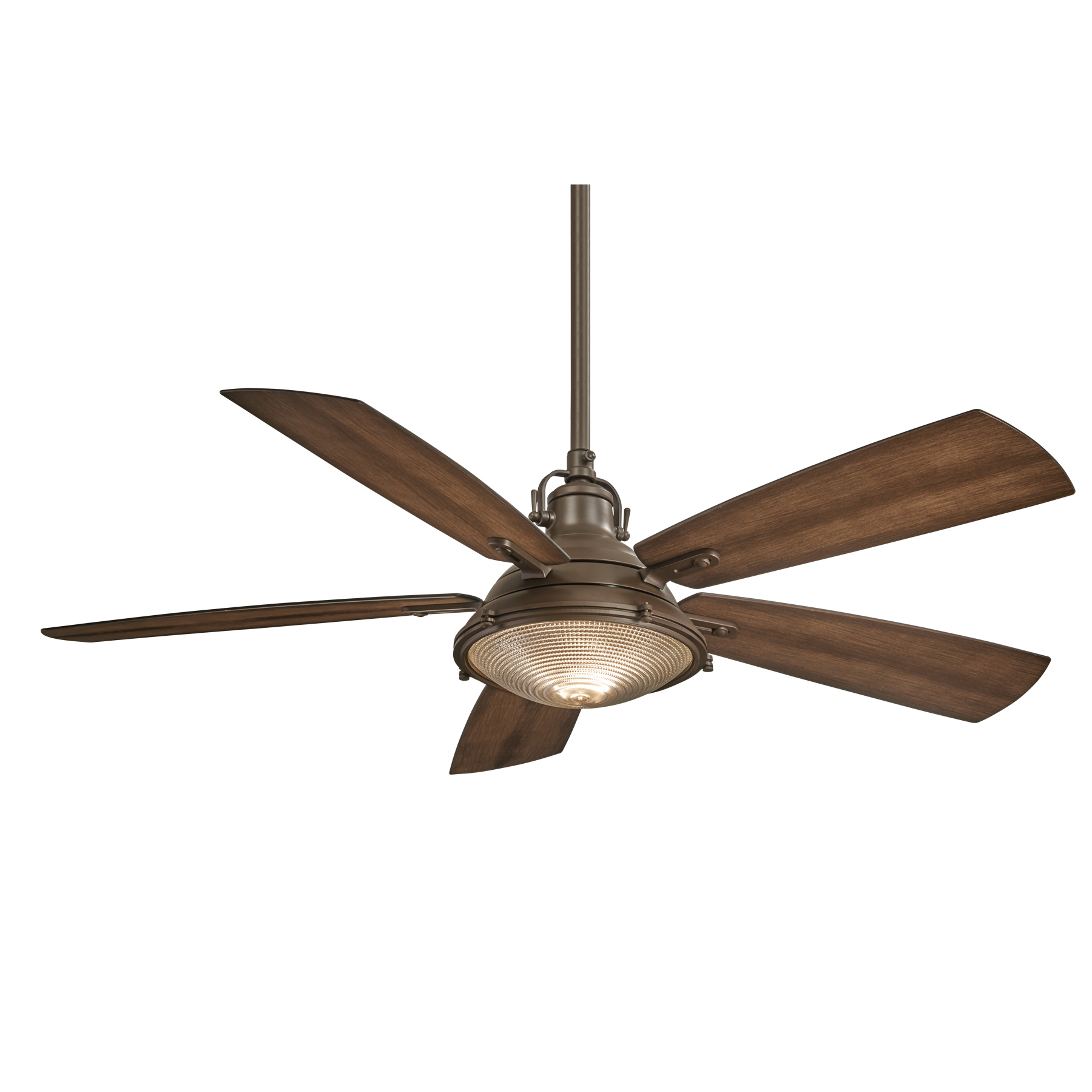 The Groton combines industrial aesthetics with modern LED efficiency in a 56" ceiling fan. Features dark pine blades, oil rubbed bronze finish, and a distinctive clear Fresnel lens that adds vintage character while providing 1688 lumens of dimmable light. - alternate view