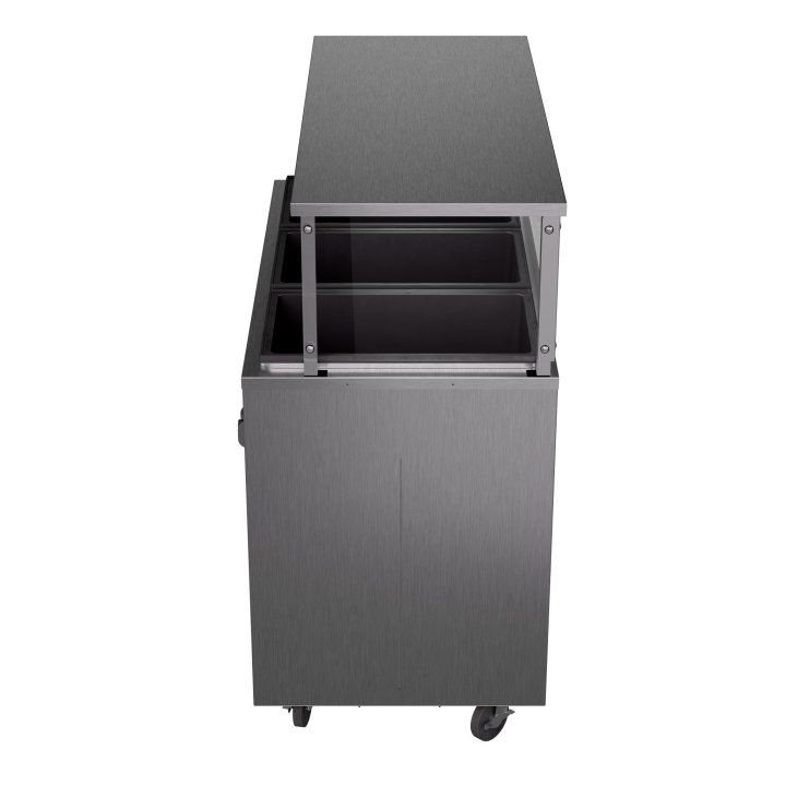 46-inch 120-volt three-well 2-Series deluxe hot-food station with black solid base and cafeteria-style breath guard