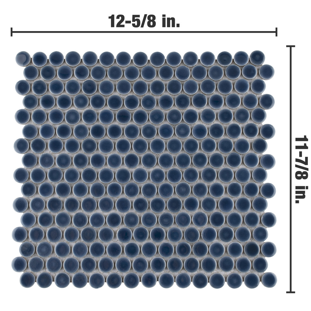 Hudson Penny Round Denim Blue 11-7/8 in. x 12-5/8 in. Porcelain Mosaic Tile