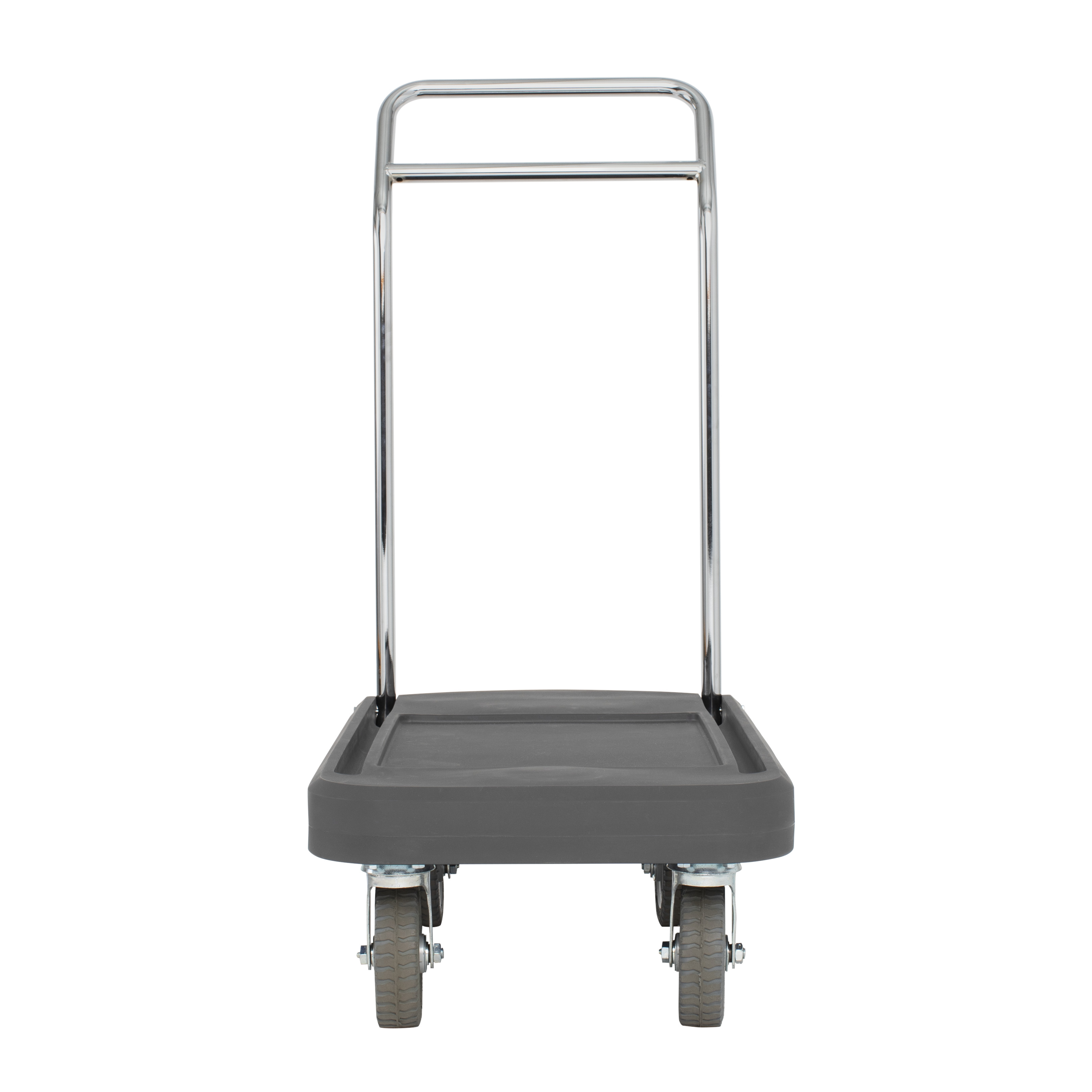 Flatbed utility dolly in dark gray with 6” pneumatic wheels, straps and