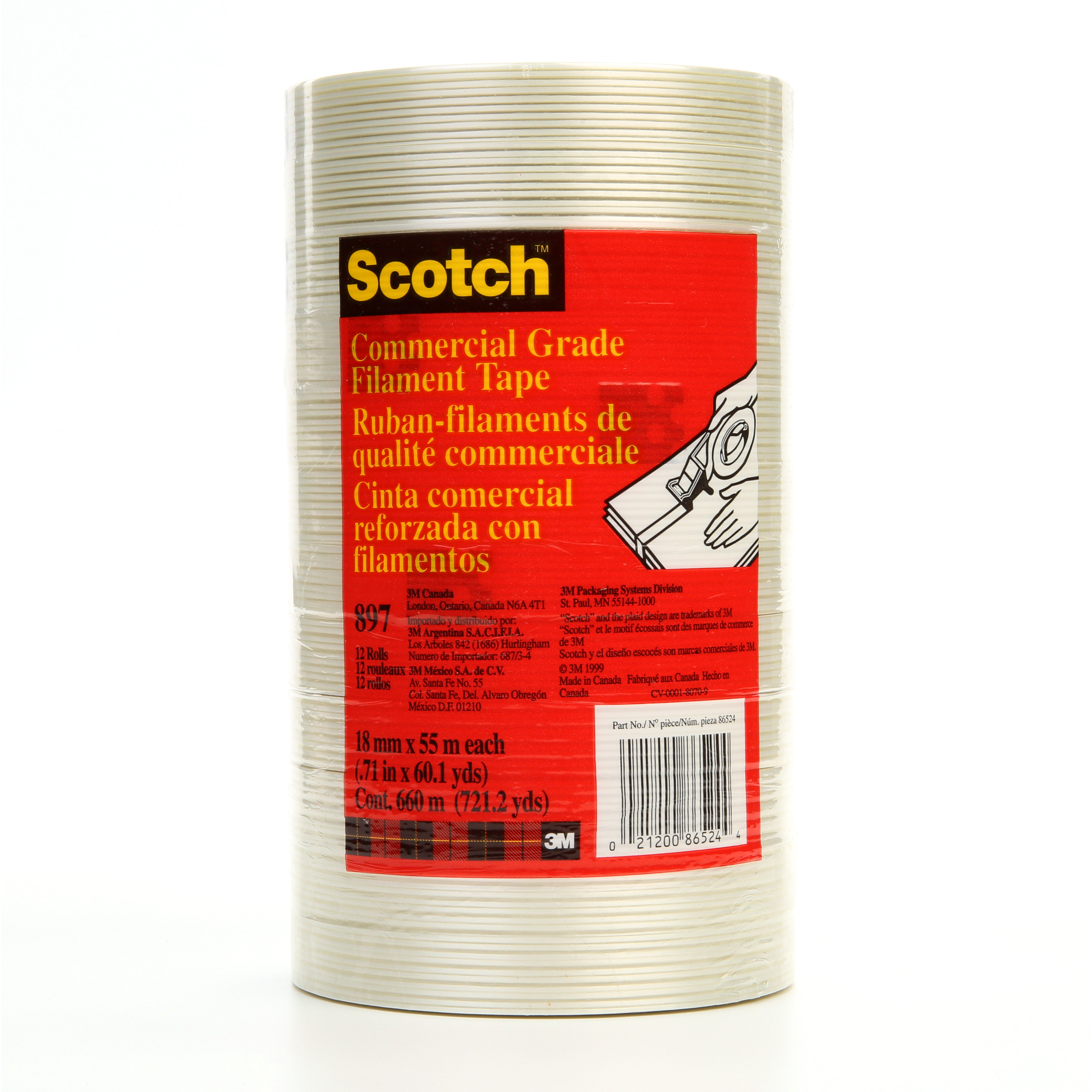 Scotch® Filament Tape 897, Clear, 18 mm x 55 m, 5 mil, 48 rolls per case